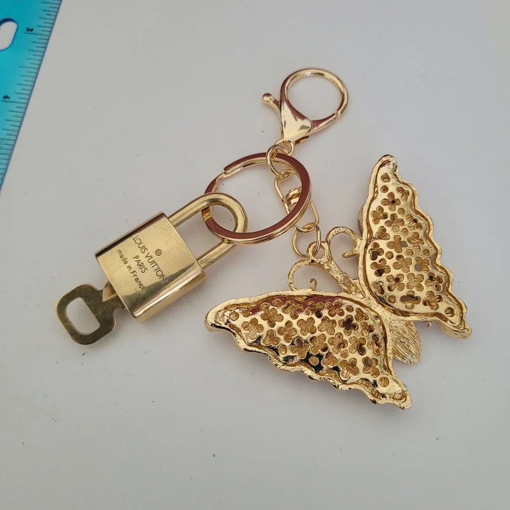 Louis Vuitton Padlock 321 & Jeweled Butterfly Bag Charm Gold Keychain Accessory